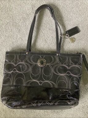 Coach Black Signature Patent Tote with Contrast Stitching